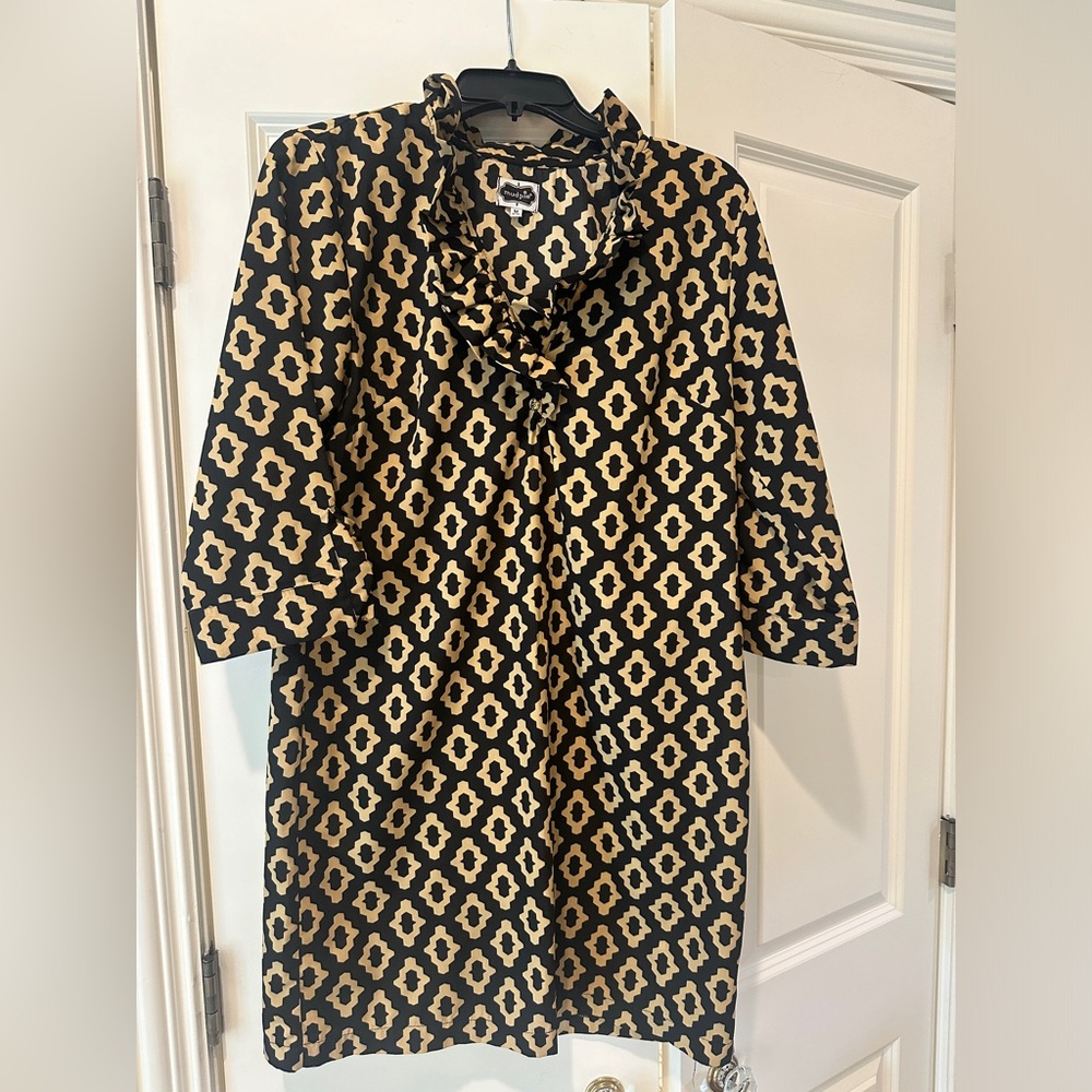 Mud Pie Cream and Brown Geometric Cowl Neck Sheath Dress